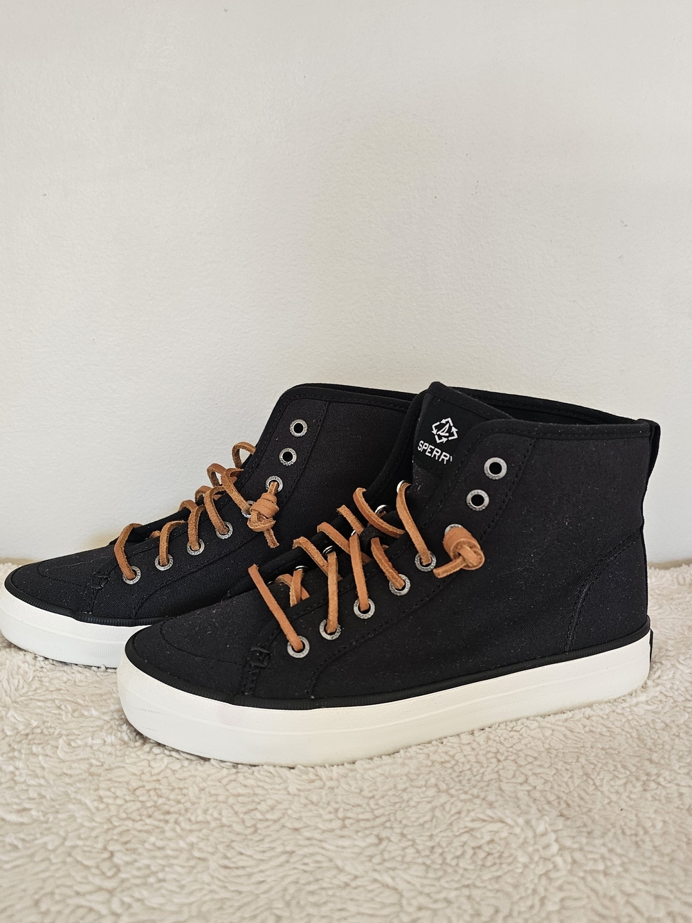 Sperry Women's Black High-Top Canvas Sneakers with Tan Laces